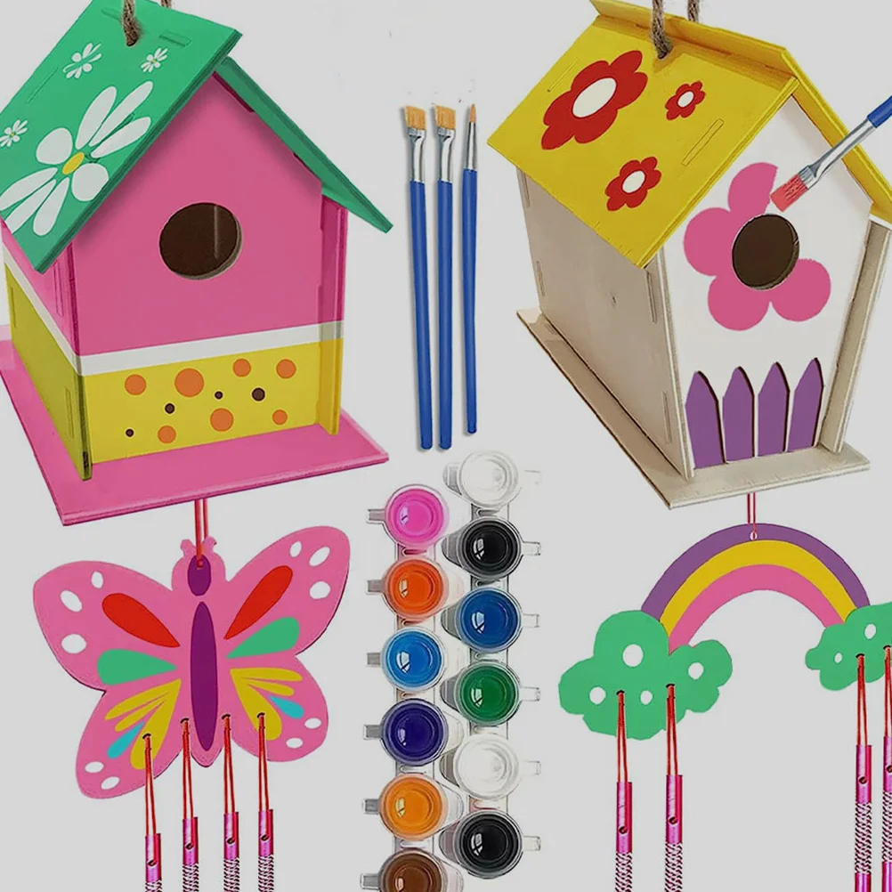 Kit de carillon éolien pour maison d'oiseau, 1 ensemble, peinture de construction, Kit d'art en bois, Expression créative, développement de la Coordination œil-main