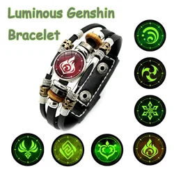 God'S Eye Genshin Impact Bracelet Glow In Dark Multilayer Adjustable Luminous Anime Element Leather Bracelet For Men Boys Gifts