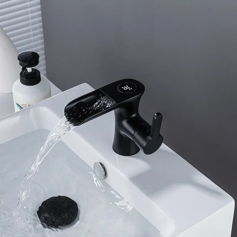 LCD Intelligent Digital Display Basin Faucet Grey Pull Out Basin Tap Hot&Cold Bathroom Faucets Brass Crane Deck Mount Mixer Tap