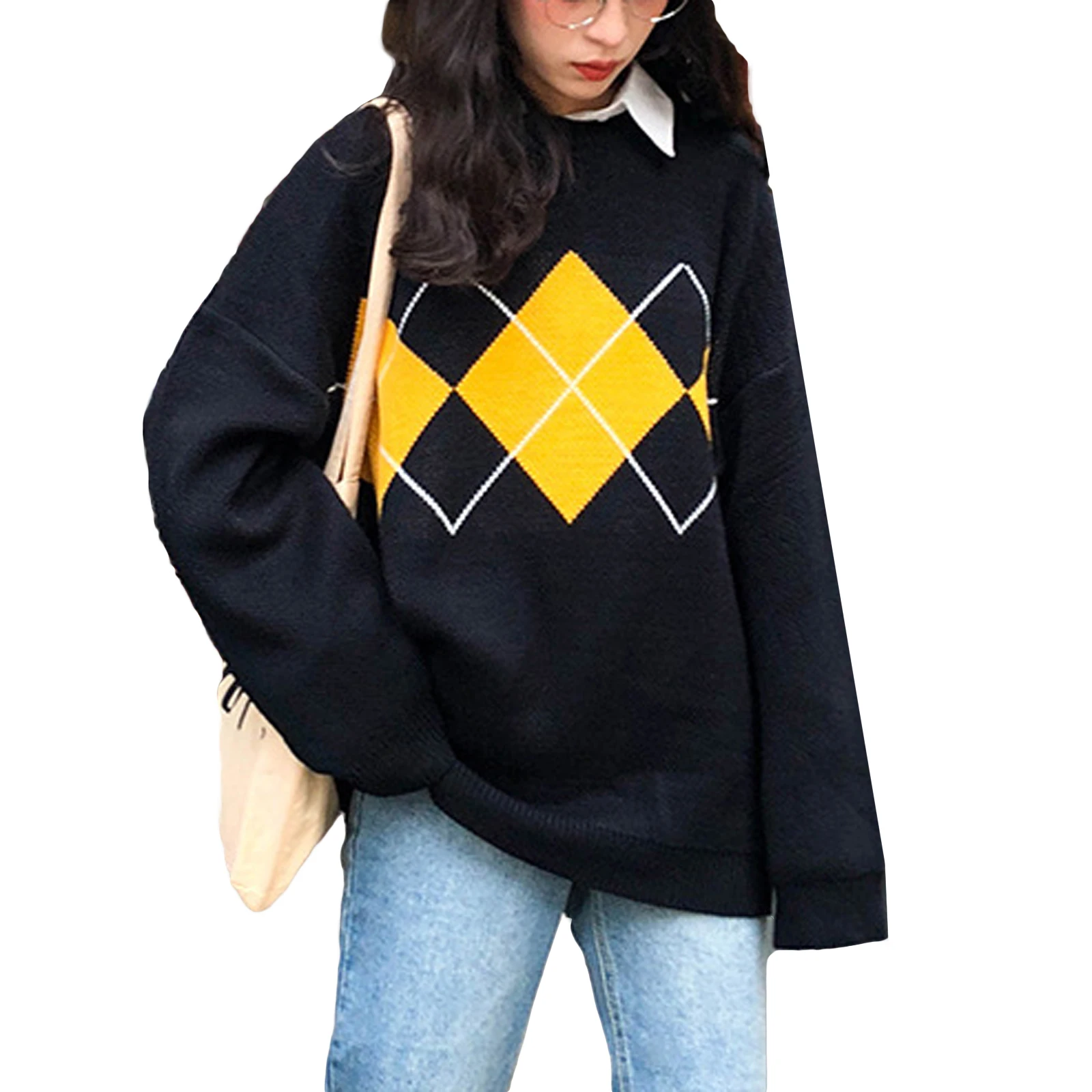 Women Winter Thickened Sweater Casual Long Sleeve Argyle Print Knit Pullovers Academic Style Oversized Sweaters Jumper Tops