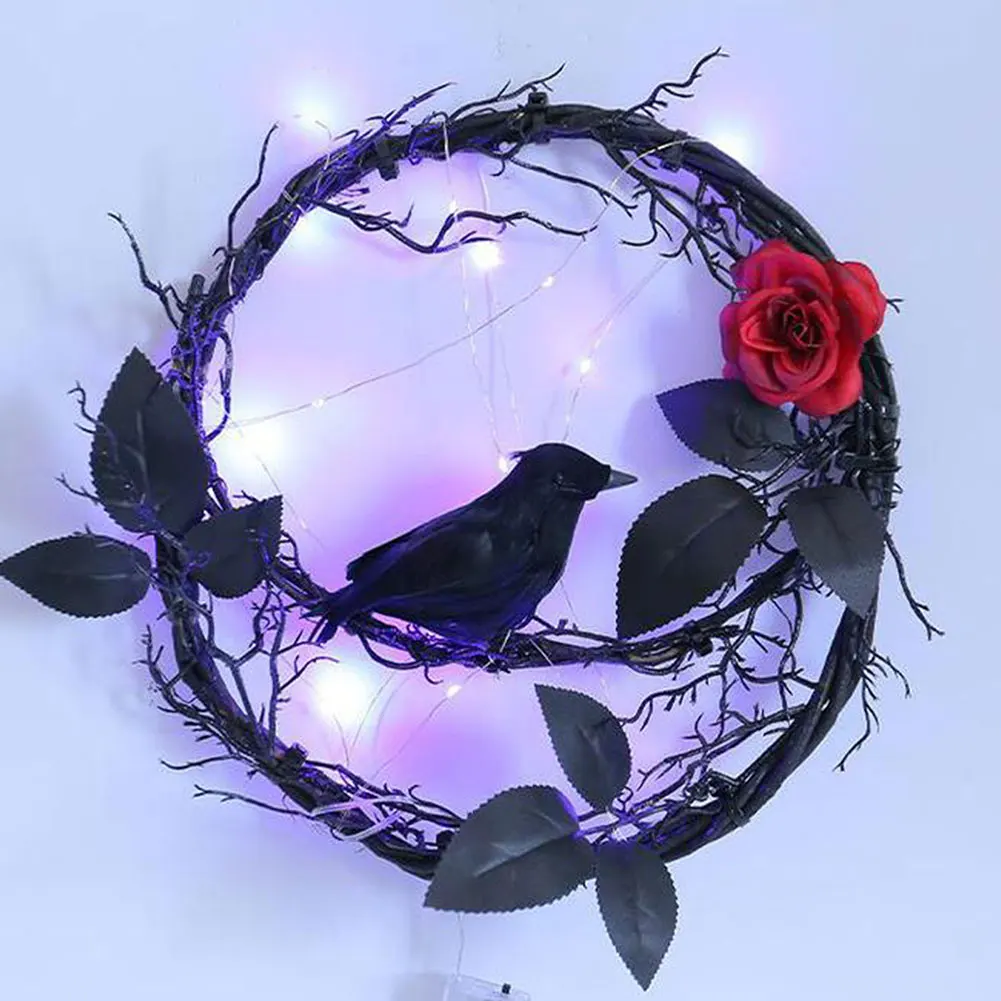 Door Wreath With Back Crow Design With Rose Feathered Crow Natural Vines-Garland For Party Decorations