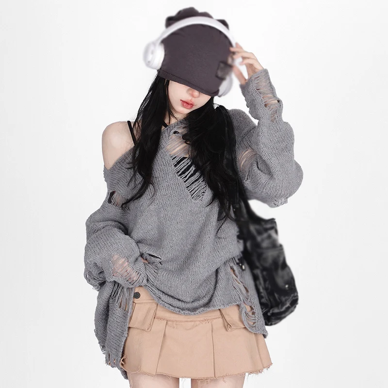 Female Sun Protection Shirt Lazy Wind Design Sense Oblique Shoulder Sweater Broken Hole Hollowing Loose Solid Color Top