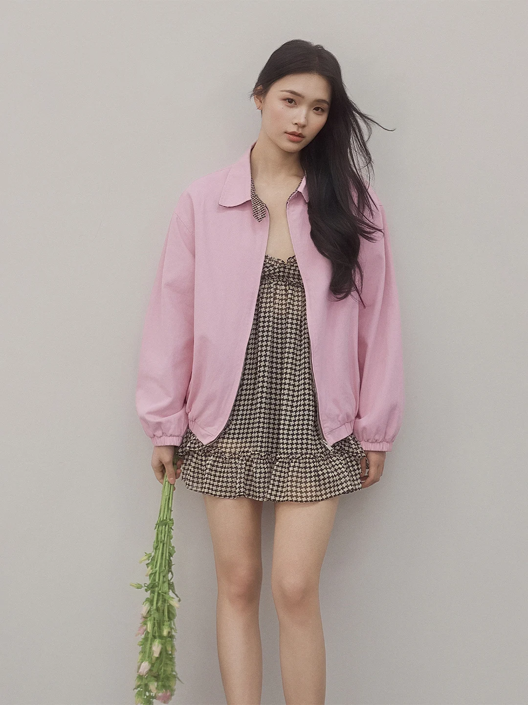 

GLYSIX Розовая повседневная хлопковая куртка с воротником-стойкой и пэчворком, в ретро-стиле, универсальная женская верхняя одежда на молнии с длинными рукавами