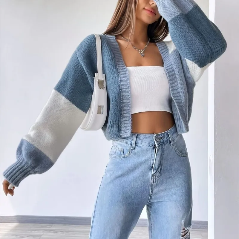 Suéter retrô de manga comprida Cardigan feminino, jaqueta versátil, cor combinando, casual, novo, outono