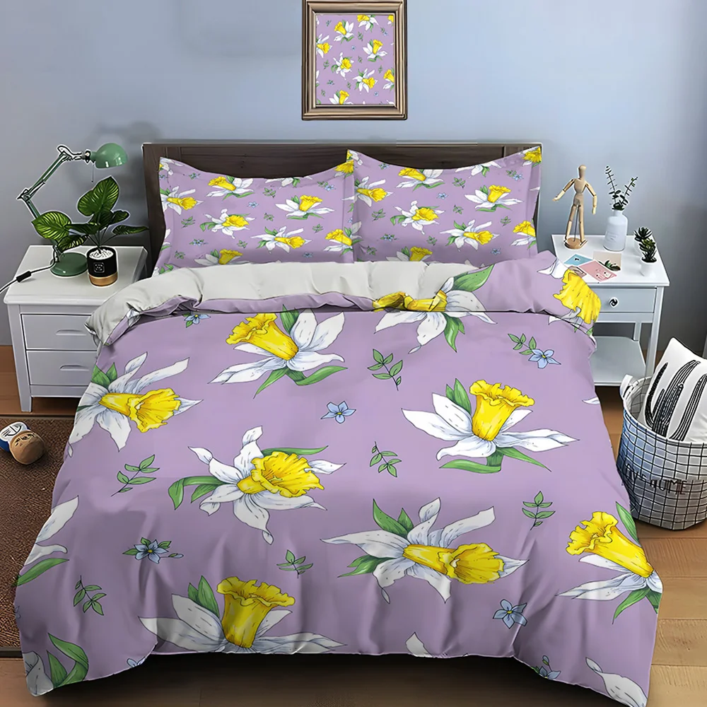 Yellow daffodils on purple background Print Soft Comfortable Duvet Cover Bedding Set Included 1*Duvet Cover  2*Pillowcases