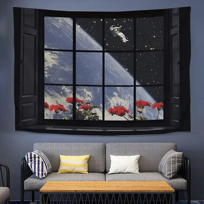 VIKAMA Fake Window Scenery Tapestry Cozy Landscape Wall Hanging Ocean Sunset Living Room Ins Style Polyester Backdrop