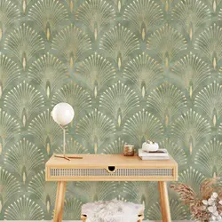 Green Art Deco Self Adhesive Wallpaper,Peel and Stick Or Traditional Wall Mural Decal For Home Decor,Vintage Print Wall Papers