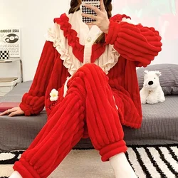 For Women Autumn/Winter Flannel Cardigan Warm Thick Red Home Wear Long Sleeve Pajama Set Pijamas Women Coral Velvet Pajamas