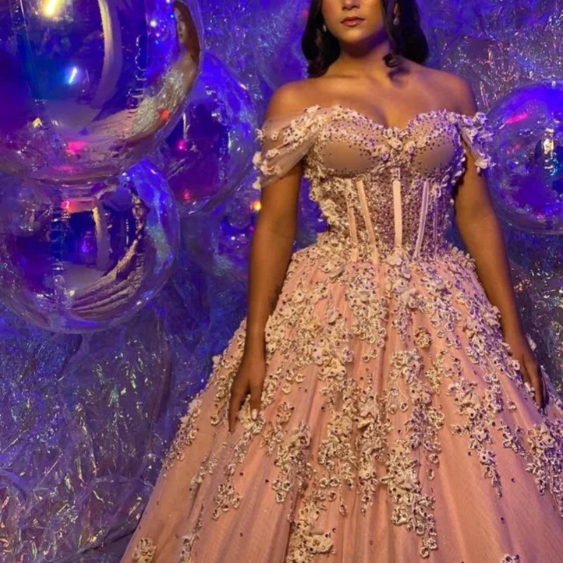 

Customized Shiny Pink Quinceanera Dresses Off the Shoulder crystal applique complex 3D flower Lace Vestido De 15 Quinceanera