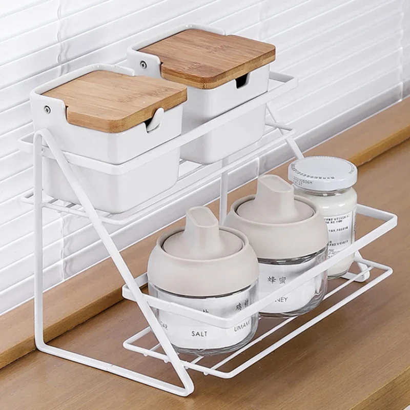 

Simple Kitchen Seasoning Shelf Double-layer Iron Art Tabletop Kitchen Utensils Storage System Multi-functional Bathroom Shelf