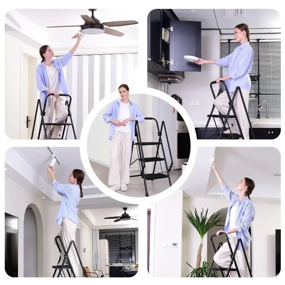 Four step ladder, lightweight folding four step stool,  and safety handle, sturdy steel ladder, multi-purpose step ladder