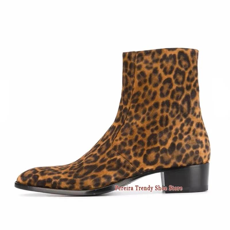 Men's Horse Hair Leopard Print Chelsea Boots British Style Handmade Genuine Leather Pointed Toe Side Zip Thick Heel Short Boots