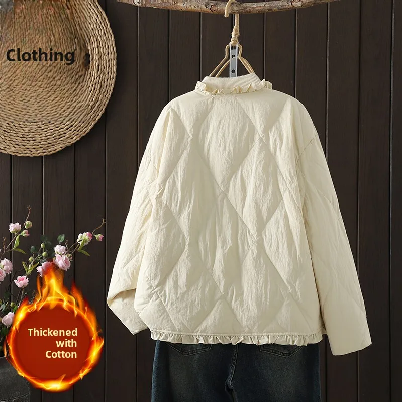 معطف شتوي نسائي خفيف الوزن من القطن من Jaet فضفاض مناسب عتيق مزين بالزهور ثلاثي الأبعاد بتصميم أذن خشبية #4