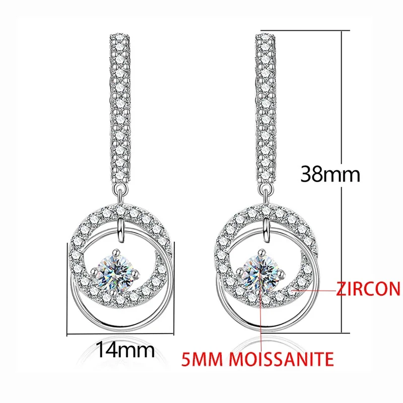 TFGLBU 1CTTW D Vvs1 Real Moissanite Drop Earrings for Women Double Circle Solid 925 Silver Ear Simple Wedding Jewelry Wholesale