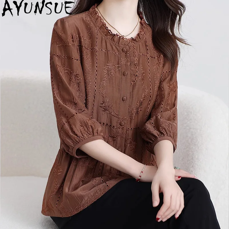 AYUNSUE Mulberry Silk Women T Shirts French Court-style Embroidered Silk Tops for Woman Retro Summer Woman Clothes Топ Женский