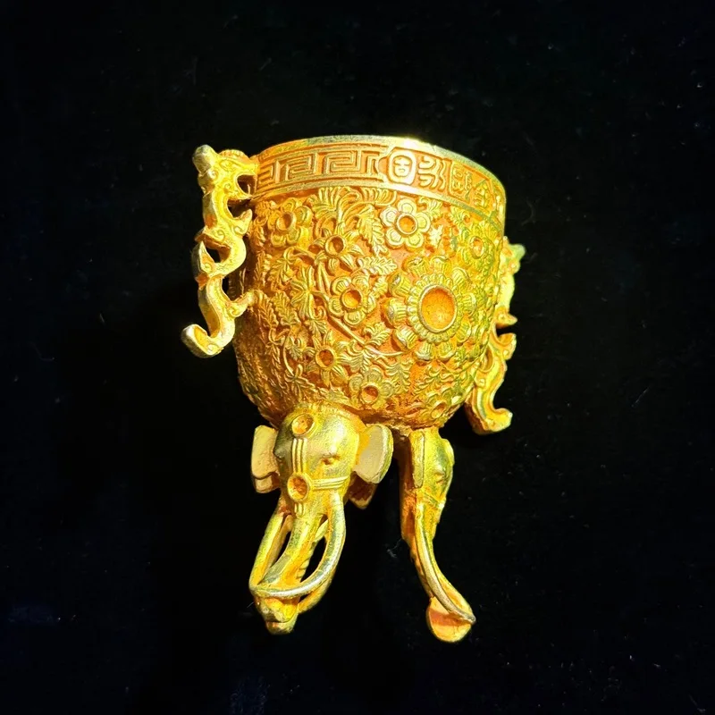 Antiqued gilded copper elephant leg wine glass with gemstone inlay, exquisite craft ornament