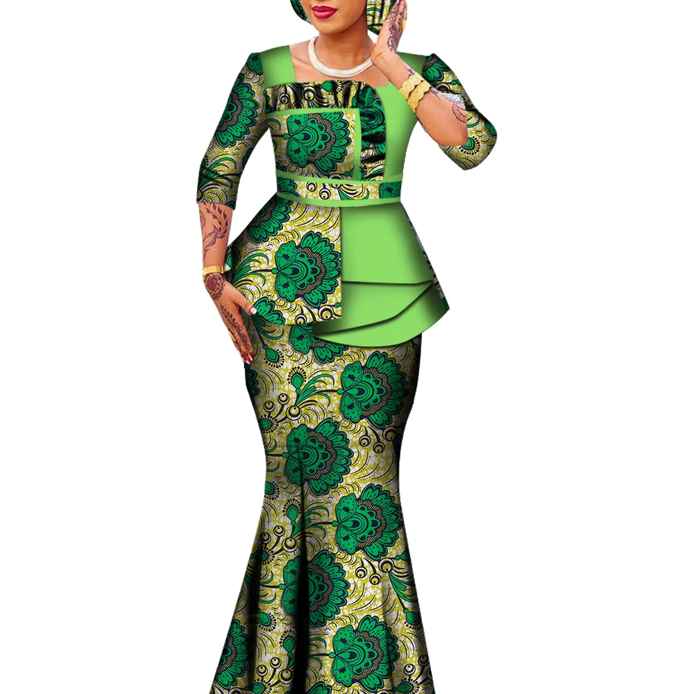 Conjunto de 2 piezas de faldas y Tops con estampado africano, trajes africanos para mujer, blusa con volantes y falda larga, trajes de talla grande WY6592