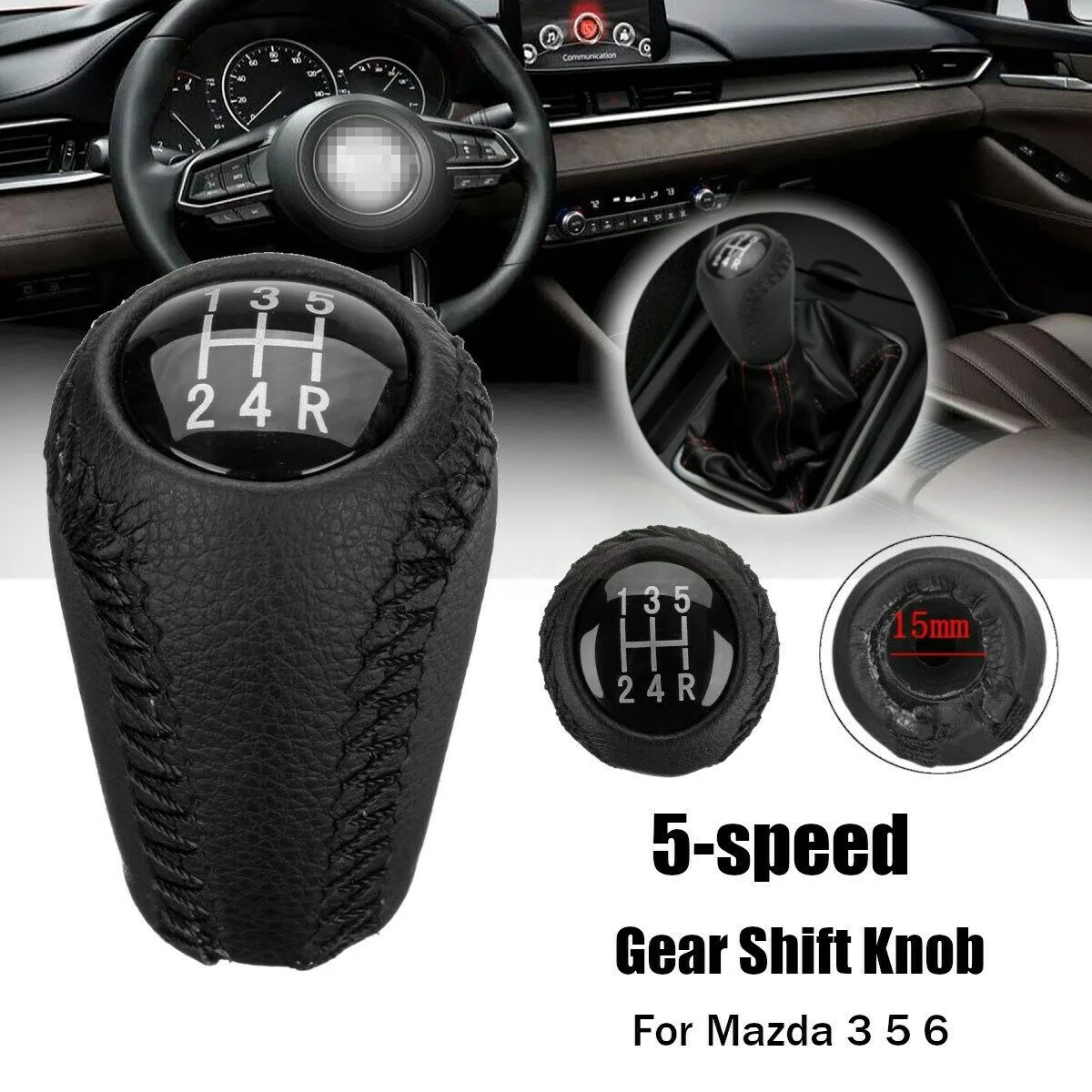 Car 5-Speed Leather Gear Shift Knob Stick Shifter for Mazda 3 5 6 CX-7 MX-5