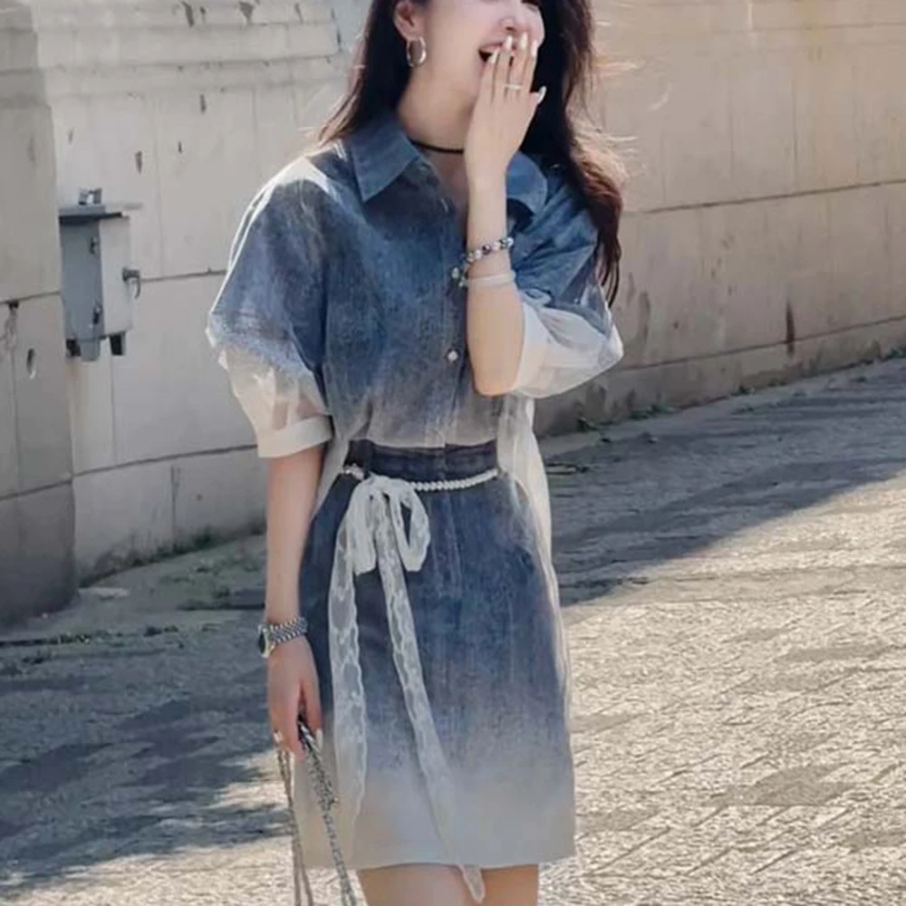 Summer Blue Gradient Design Two Piece Set Fashion Top Short Skirts Slimming Fit High Waist Cinching Shirt And Skirt Set