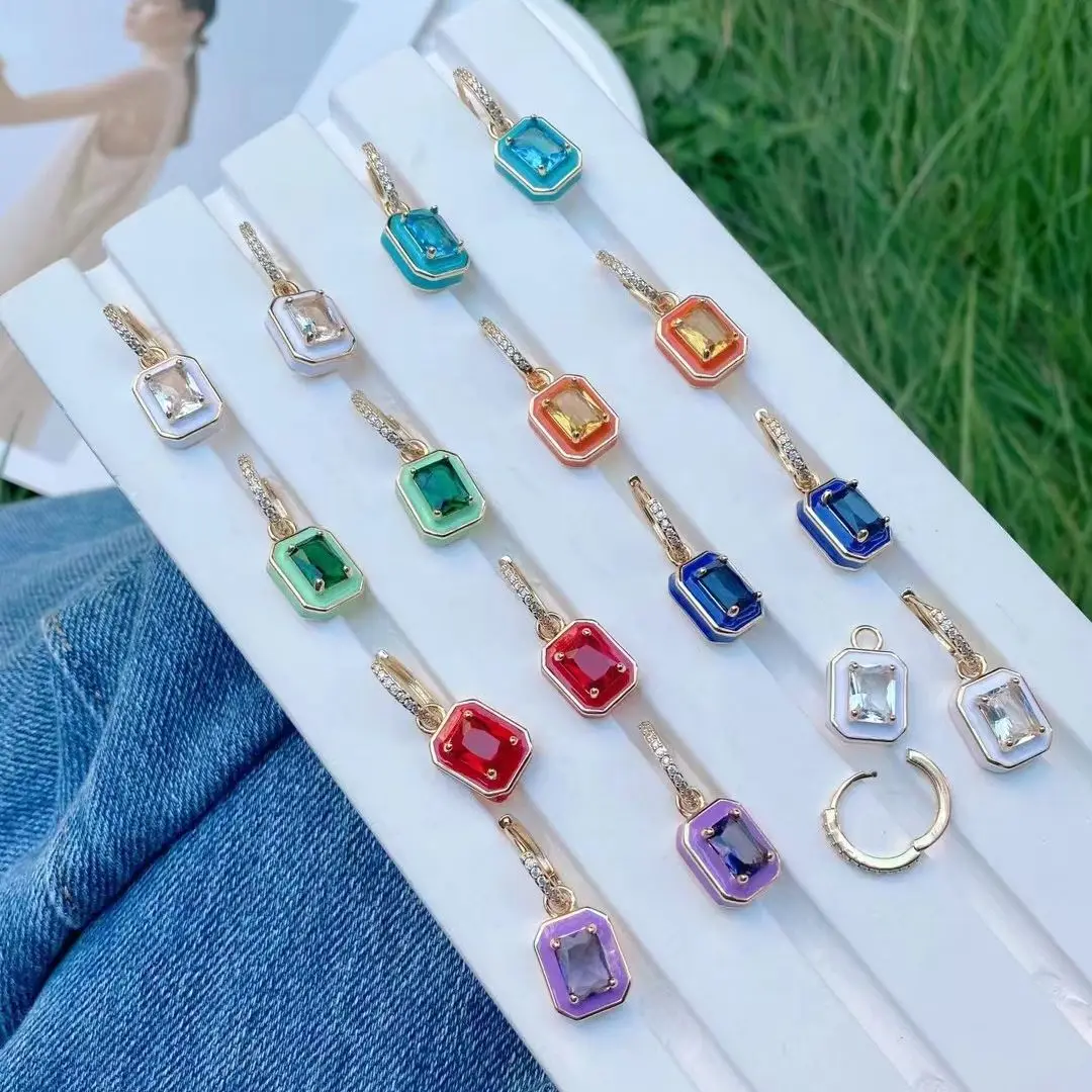 

5 Pairs, NEW Fashion Square Shape Zircon Enamel Gold Pendant Earrings For Women Colorful Hoops Earrings Jewelry Accessories