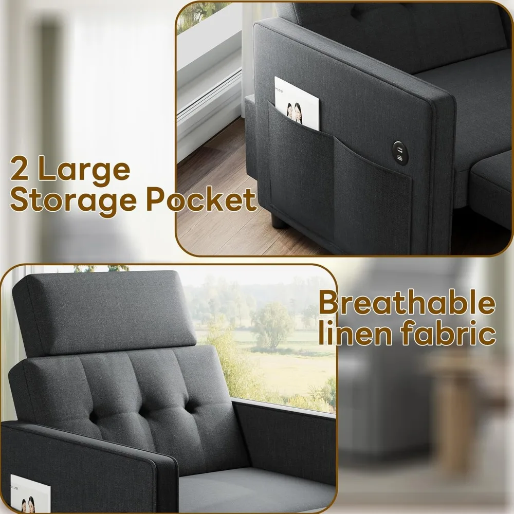 سرير كرسي أريكة 3 في 1 قابل للتحويل مع سرير مفرد قابل للسحب، مسند ظهر قابل للتعديل، قماش كتان لراحة غرفة المعيشة #5