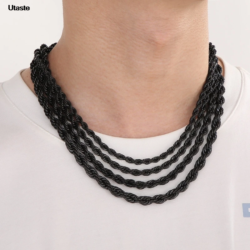 Ropes Long Necklace for Men Women,Stainless Steel Gold Color Twisted Rope Chain Collar,2/3/4/5mm Punk Basic Waterproof Jewelry