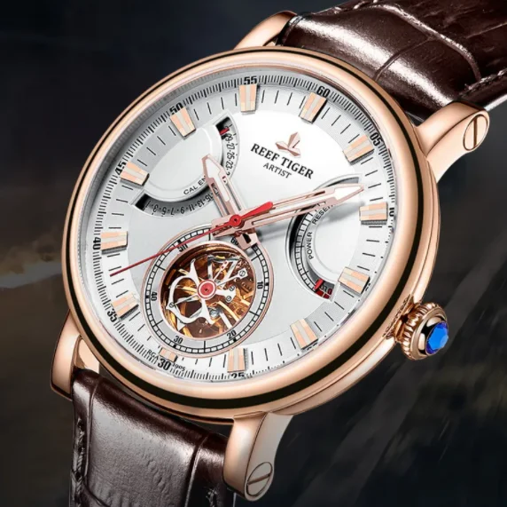 

Мужские автоматические часы Reef Tiger, 44 мм, механические наручные часы, водостойкий сапфировый скелетон, кожаный ремешок с запасом хода