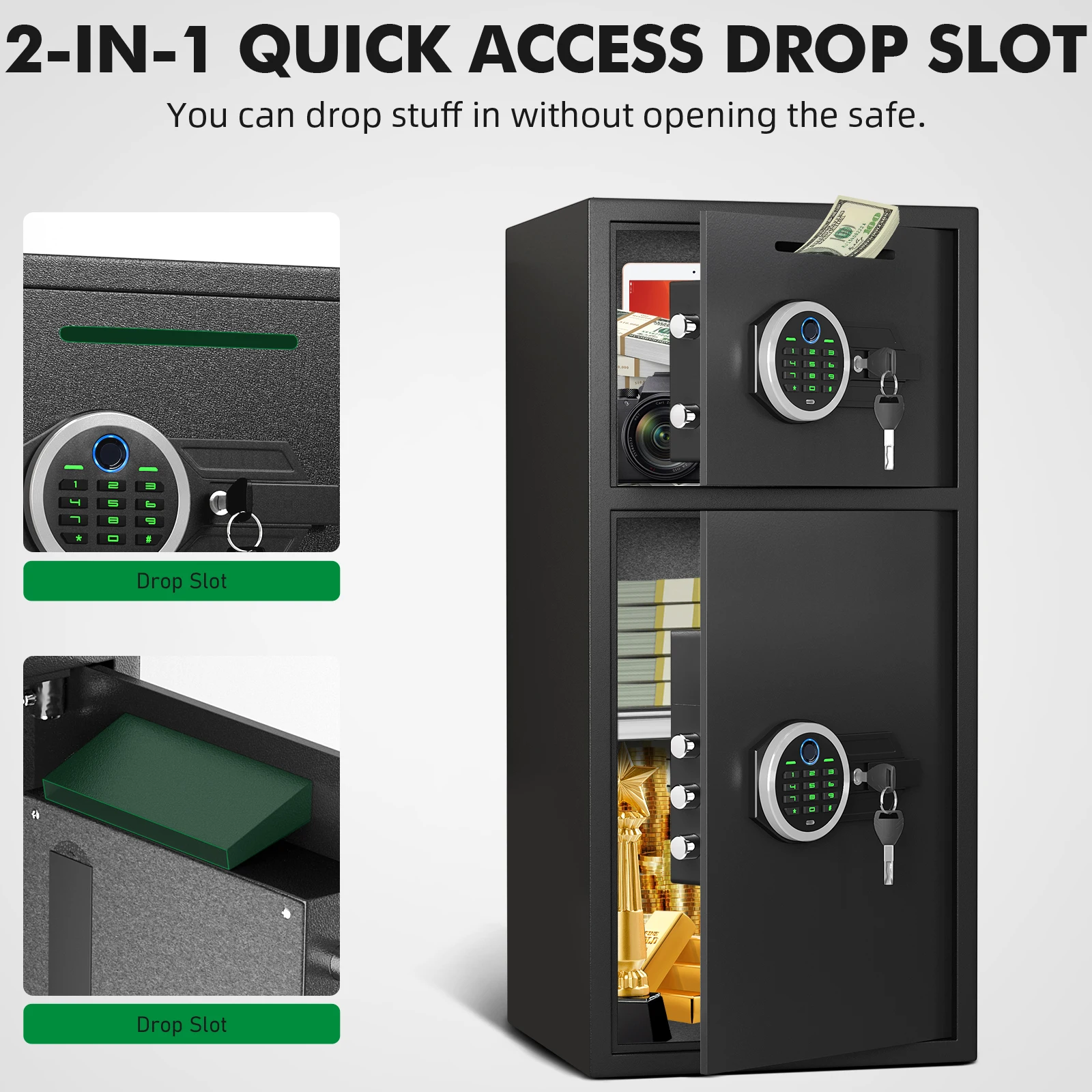 [2025 NEW] 6.5 Cub Large Home safe Fireproof Waterproof, Fingerprint Drop Safe for Business with Metal Deposit Storage Box