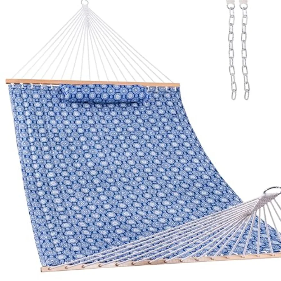 12FT Quilted Fabric Hammock with Soft Pillow Double 2 Person Tree Hammock with Spreader Bar for Outdoor Patio Backyard Poolside