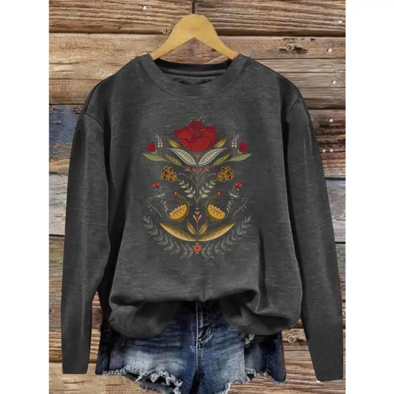 

New 2026 Floral Print Casual Faion Women's Fabric Retro Sle Seven Sve Length Autumn Season Sportswear Set