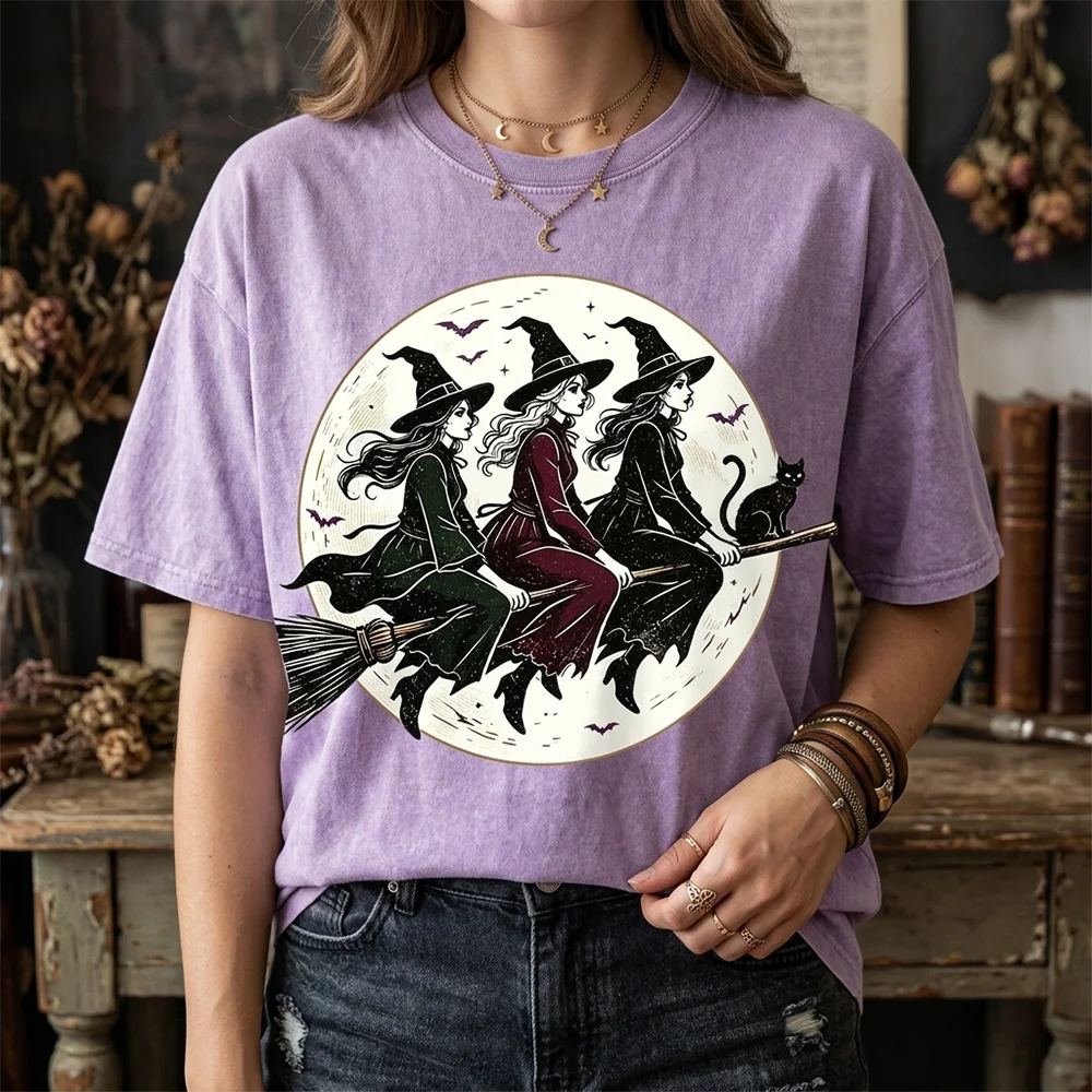 Women Halloween Witch T Shirt Vintage Purple Graphic Tee Three Witches Flying Broomstick Black Cat Spooky Casual Streetwear Top