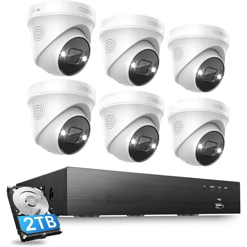 4K 8CH Spotlight Security Camera System,6pcs 4K Wired Indoor Outdoor IP Cameras with 2 Way Audio,Night Vision