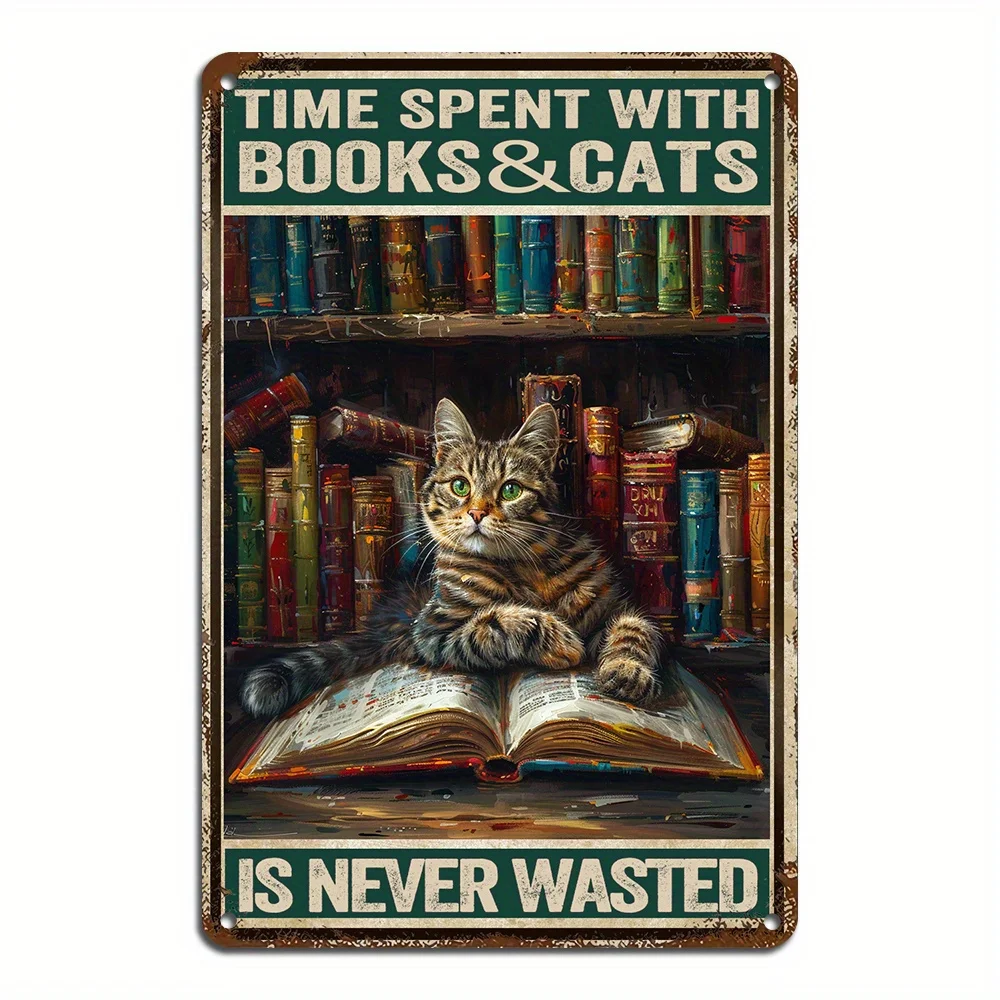 Cat and Books Metal Wall Art Sign -   Frameless Decor with 