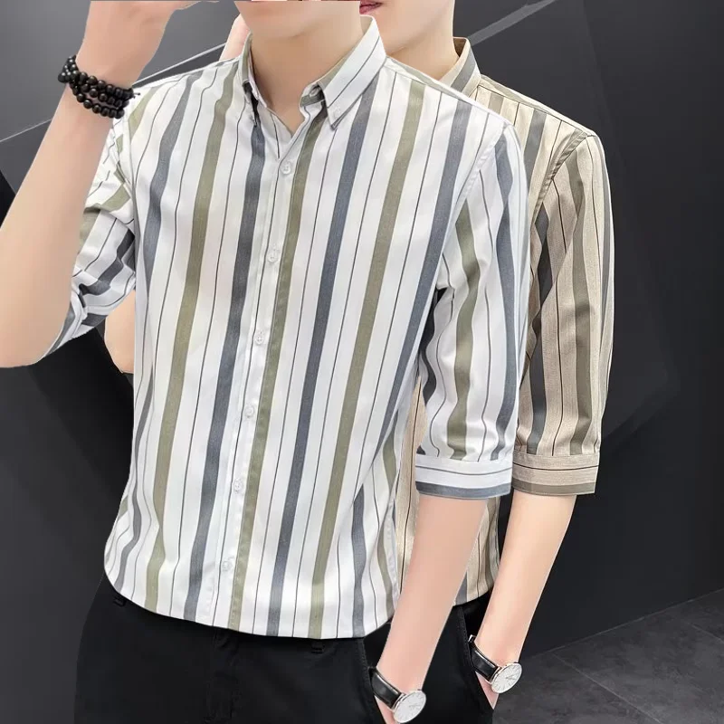 

Men's Ice Silk Shirt Slim Fit Short Sleeve Middle Sleeve Five Points Korean Style Trendy Shirt Summer New Arrival Striped Pat...