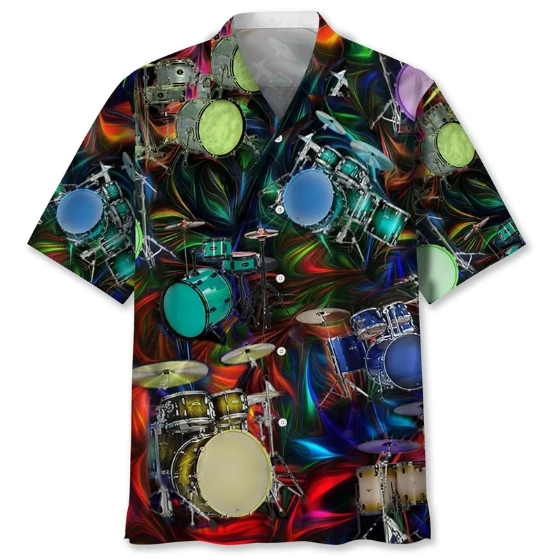 Vintage Drums 3d Printed Hawaiian Shirt For Men Musical Instruments Graphics Short Sleeves Shirts Street Loose Lapel Blouse