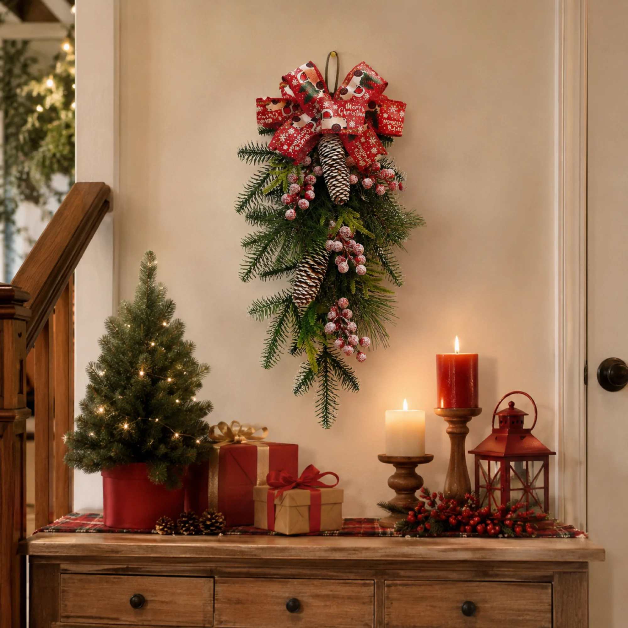 Christmas Swags Bow Pine Branches Christmas Teardrop Wreath Home Decor