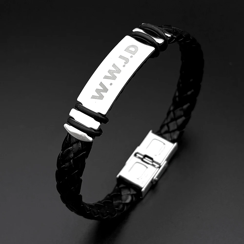 WWJD Armband aus PU-Leder für Männer, Glaubens-Punk-Armband für den Alltag und die Kirche, Schwarz, Was Würde Jesus Tun, Religiöses Amulett, Handschmuck-Accessoire – Detail 7