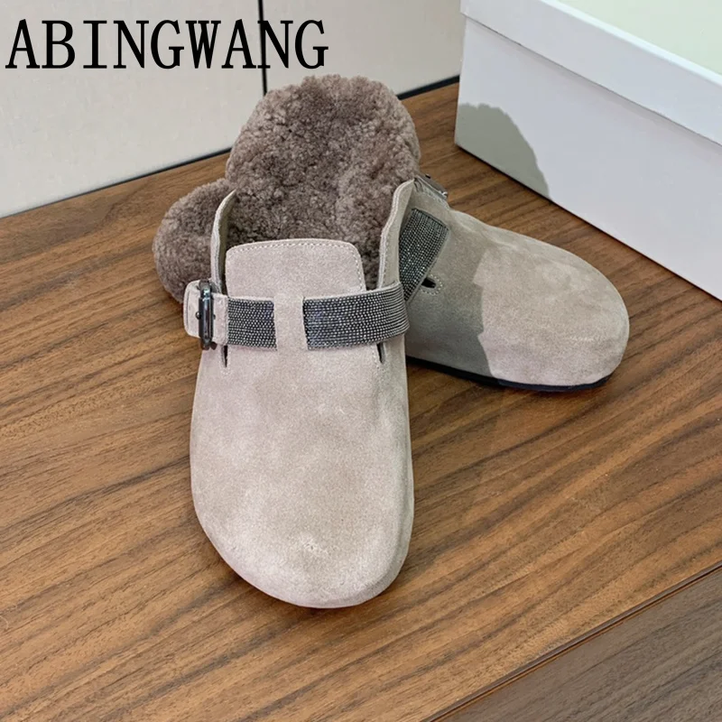 

2025 Winter New Suede Inside Fur Flats Slippers for Women Slip On Round Toe Plush Warm Shoes For Women Mujer