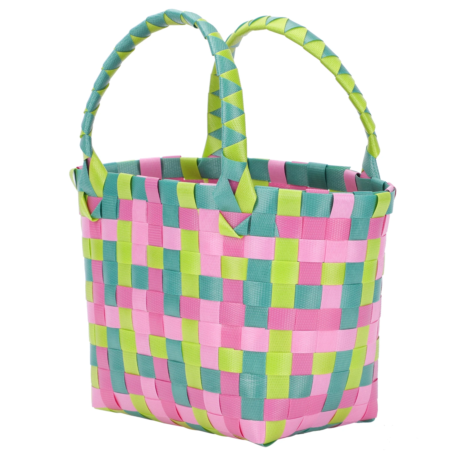 

1pc Colorful Plastic Basket Small Square Bag Green Retro Storage Beach Bag Premium Material Smooth Edges Natural Tone