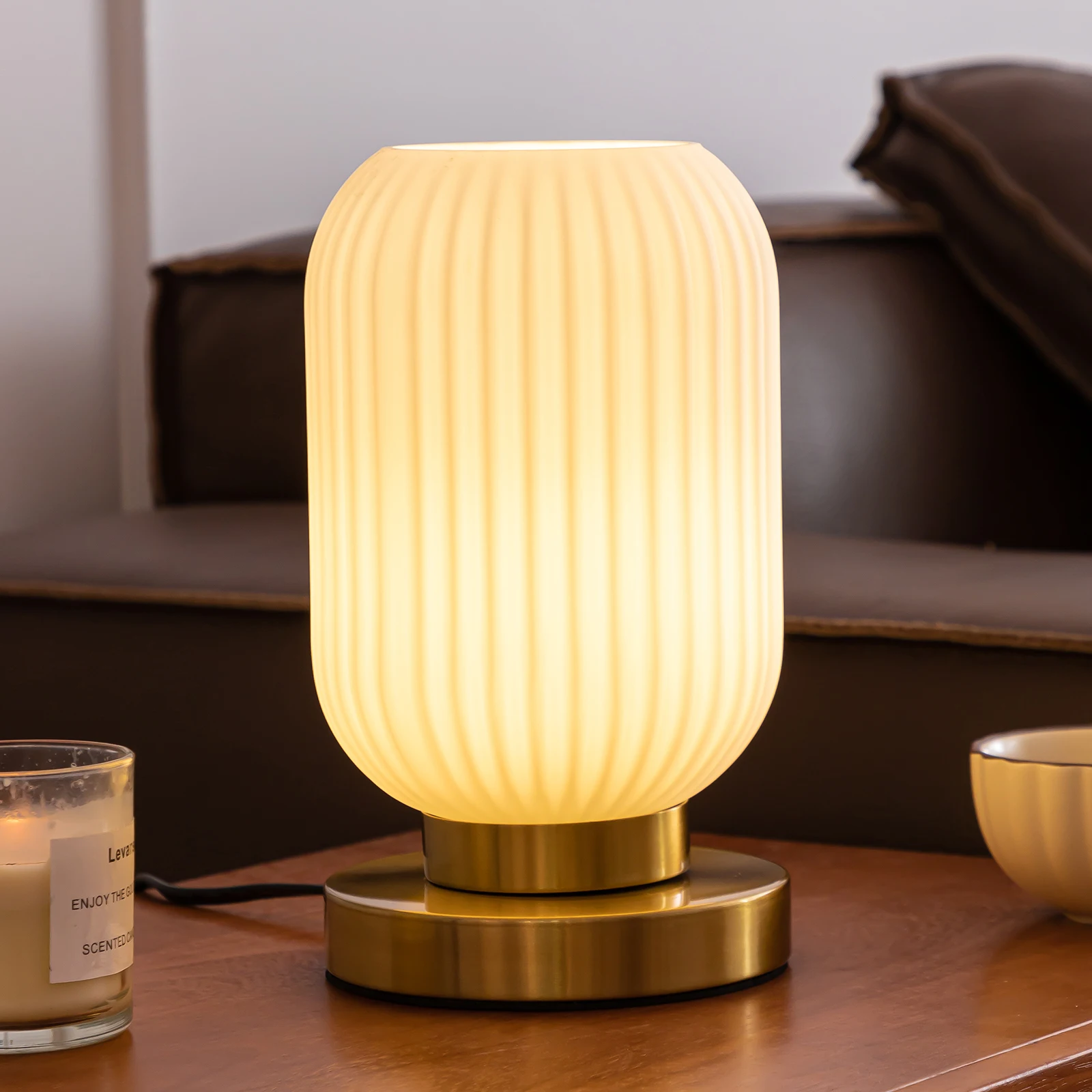 

Modern Ribbed Glass Table Lamps Mid Century Bedside Light Small Nightstand Lamp with Plug-in Style, E26 Ambient Lighting