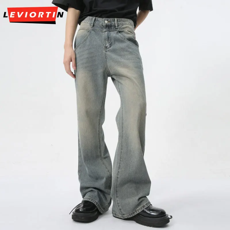 Men's 2024 Summer New Fashionable Retro High Street Vibe Style Loose Slim Raging Old Washed Denim Zipper Open Front Pants