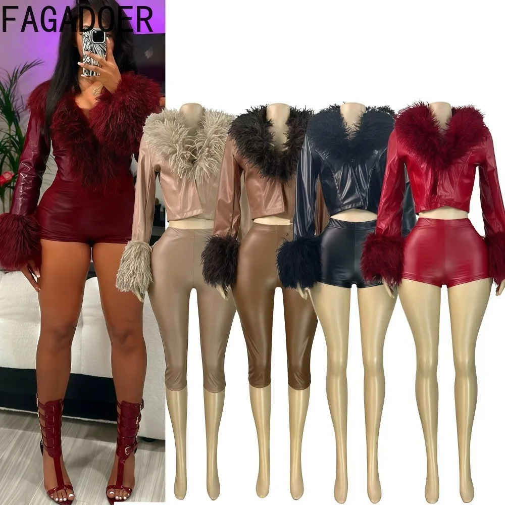 

FAGADOER Fashion Fur Patchwork Two Piece Outfits Woman Solid Color V-neck Crop Top and Shorts Matching Female Streetwear Winter