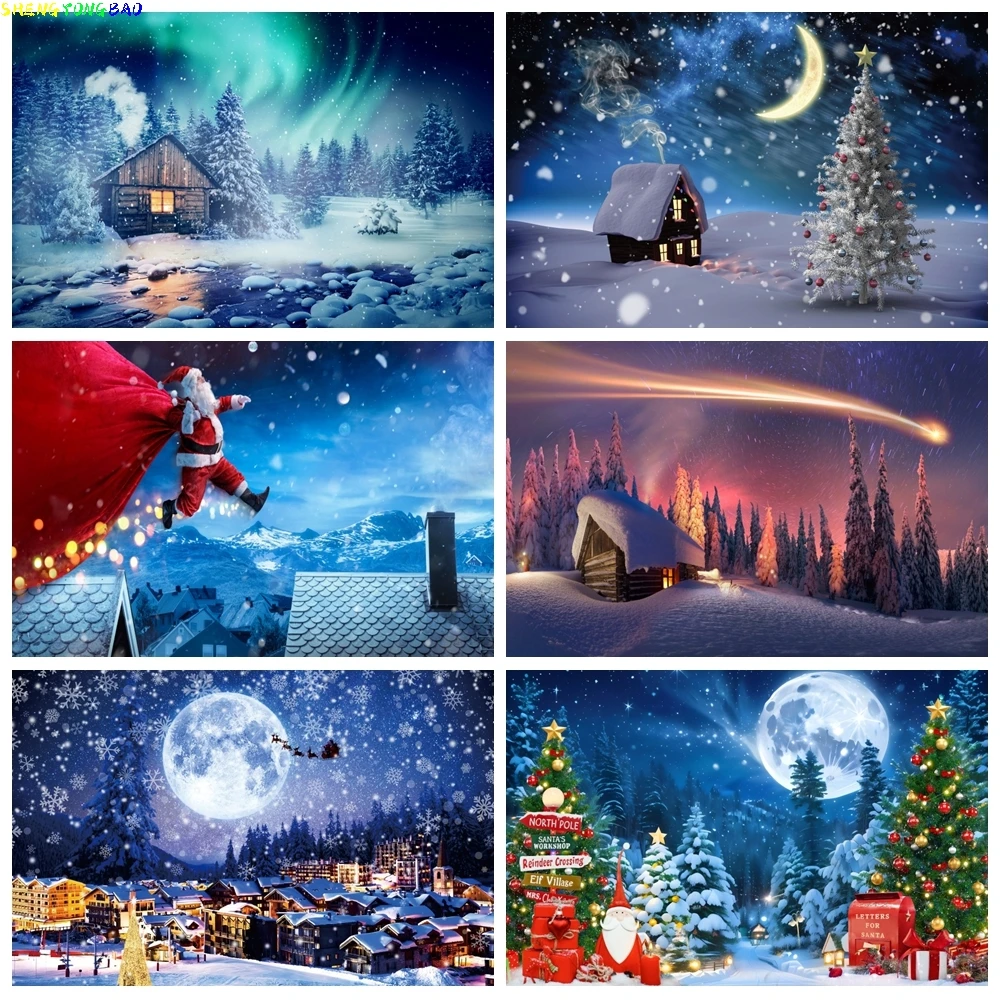 

Winter Christmas Backdrop Starry Sky Moon Night Snowflake Pine Tree Forest Natural Scene Xmas kids Portrait Photo Background
