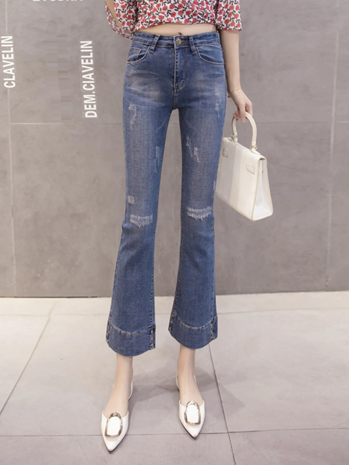 

Джинсы женские с эффектом похудения, с высокой талией, из хлопковой эластичной ткани, модные, расклешенные, укороченные, повседневные