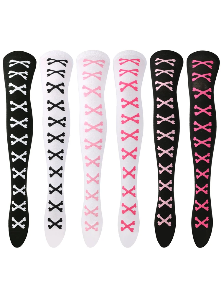Chaussettes hautes pour femmes, bas en os pour dames, Halloween, noir, blanc, rose, rayé au-dessus du genou, chaussettes amusantes, Cosplay Harajuku