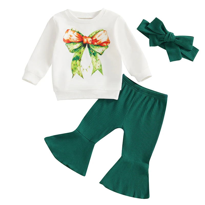 

Toddler Girl Christmas Outfits Bow Print Long Sleeve Sweatshirt with Solid Ribbed Flare Pants Headband Set