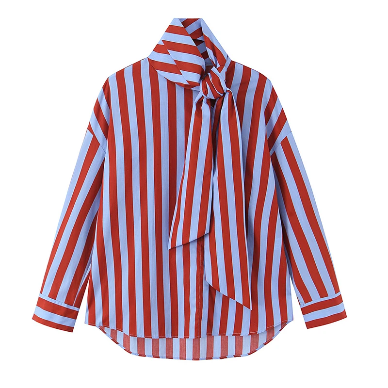 

2026 New Women's Striped Shirt with Bow Tie Long Sleeve Loose Casual Blouse Female Fashion Tops Ladies' Office Shirt