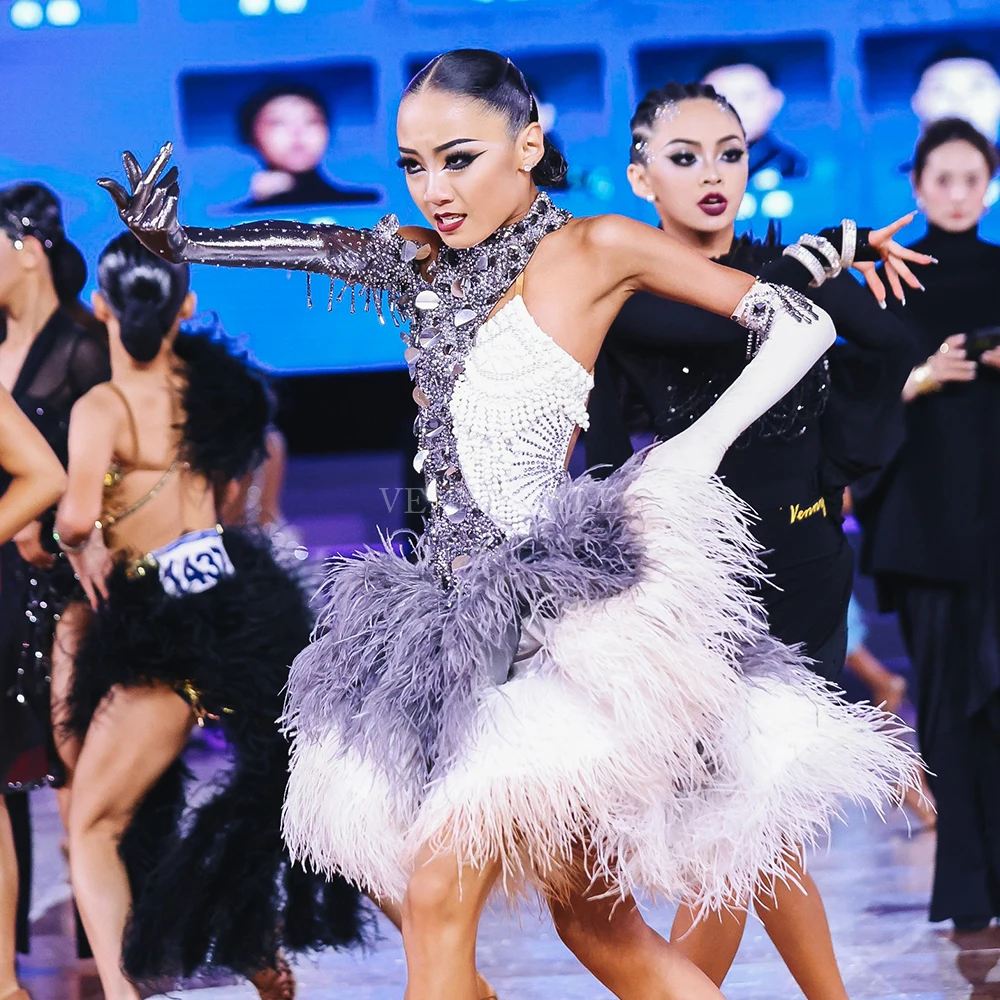 

Vennystyle Latin Dance Dress Women Ballroom Competition Costume Rhinestone Professional Standard Dancewear Feather Skirt Custo