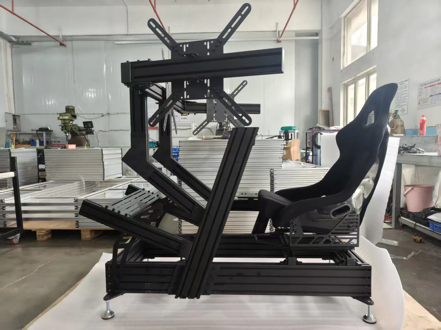 Racing Simulator Kit With Adjustable Seat And Triple Monitor Mount, Ready To Assemble