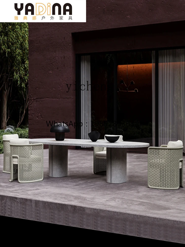 Outdoor Desk-Chair Dining Table Rattan Chair Western Restaurant Long Table Marble Rattan Outdoor Outdoor Furniture